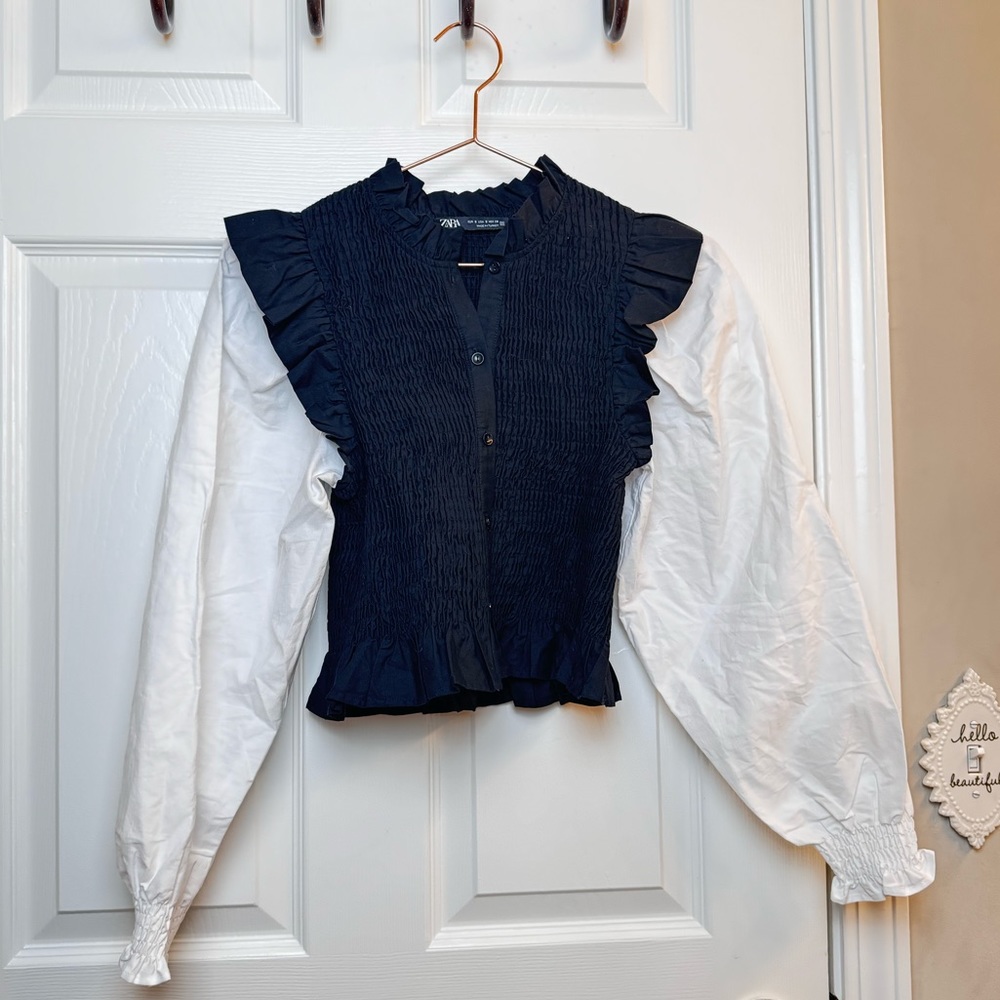 Zara Peplum Black Vest and White Puffy Sleeves Blouse